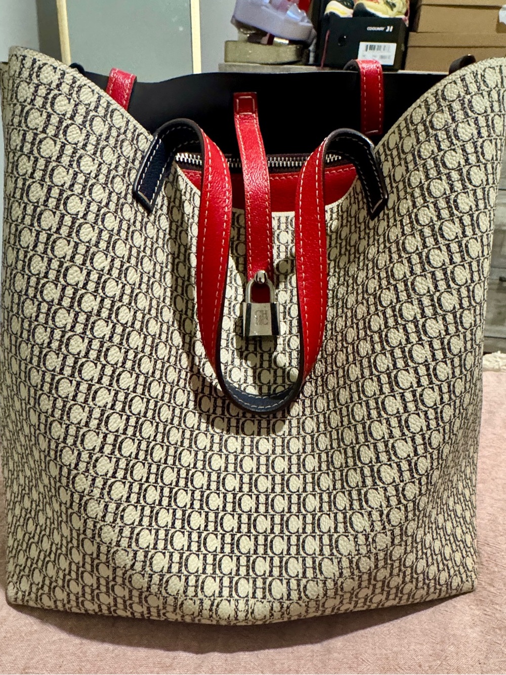 Carolina Herrera Beige Monogram Tote with Red Trim and Black Accents
